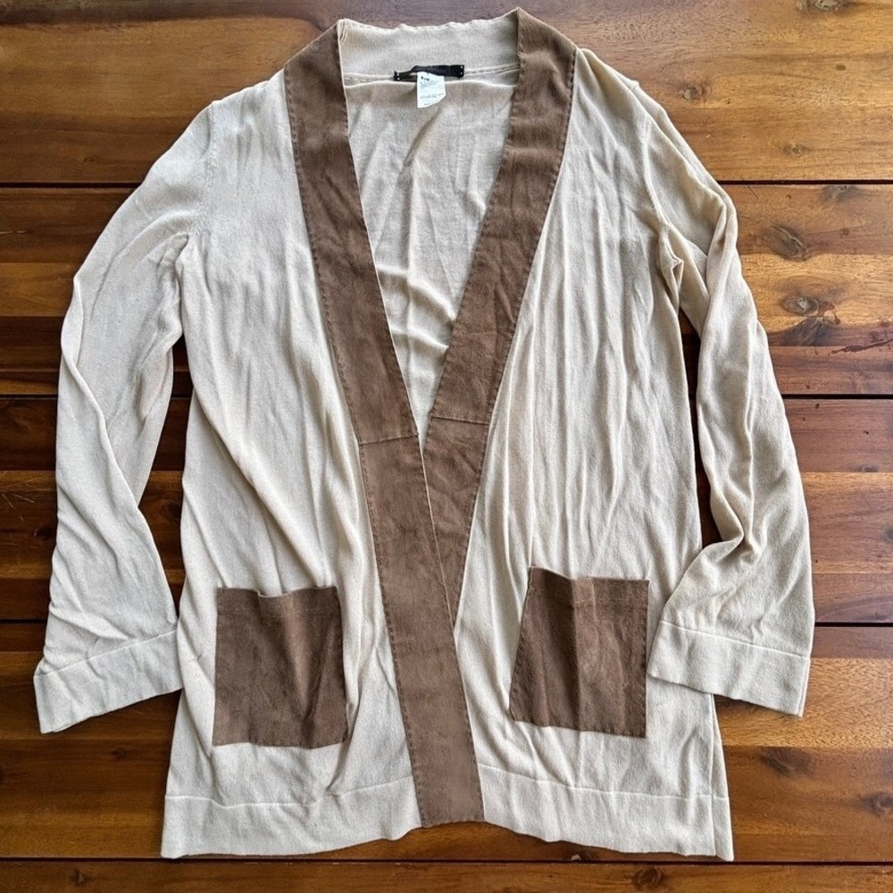 BVM Beige Knit Open Cardigan w/‎ Suede Trim & Pockets – Made in Italy – Size 40